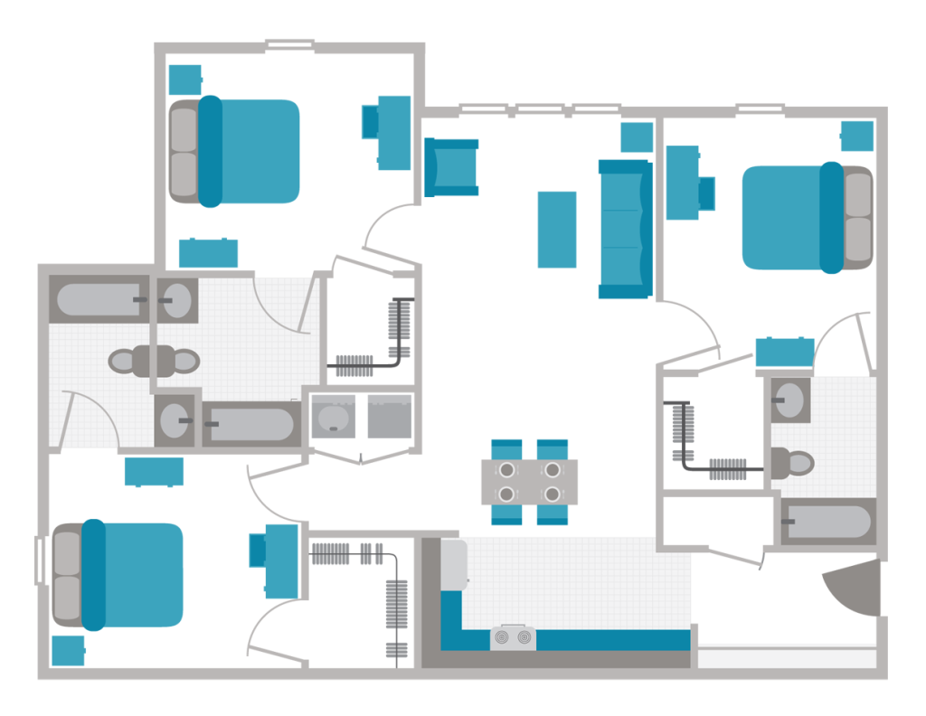 A 3D image of the 3BR/3BA floorplan, a 1202 squarefoot, 3 bed / 3 bath unit