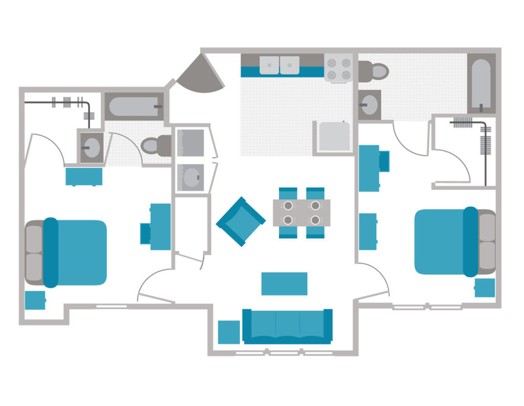 A 3D image of the 2BR/2BA floorplan, a 828 squarefoot, 2 bed / 2 bath unit